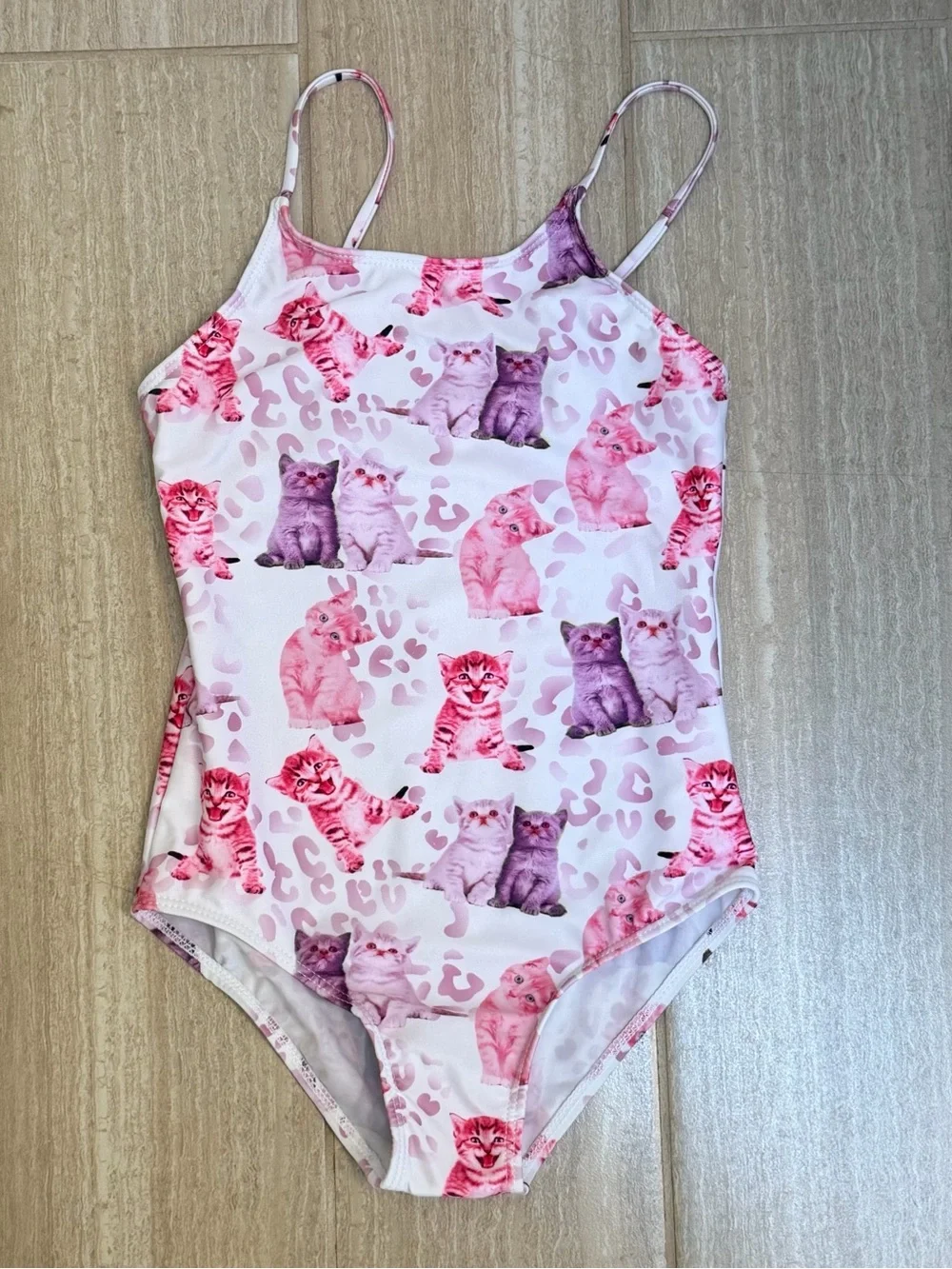 Little Girls size L Pink & Purple Cat Print One-Piece Swimsuit